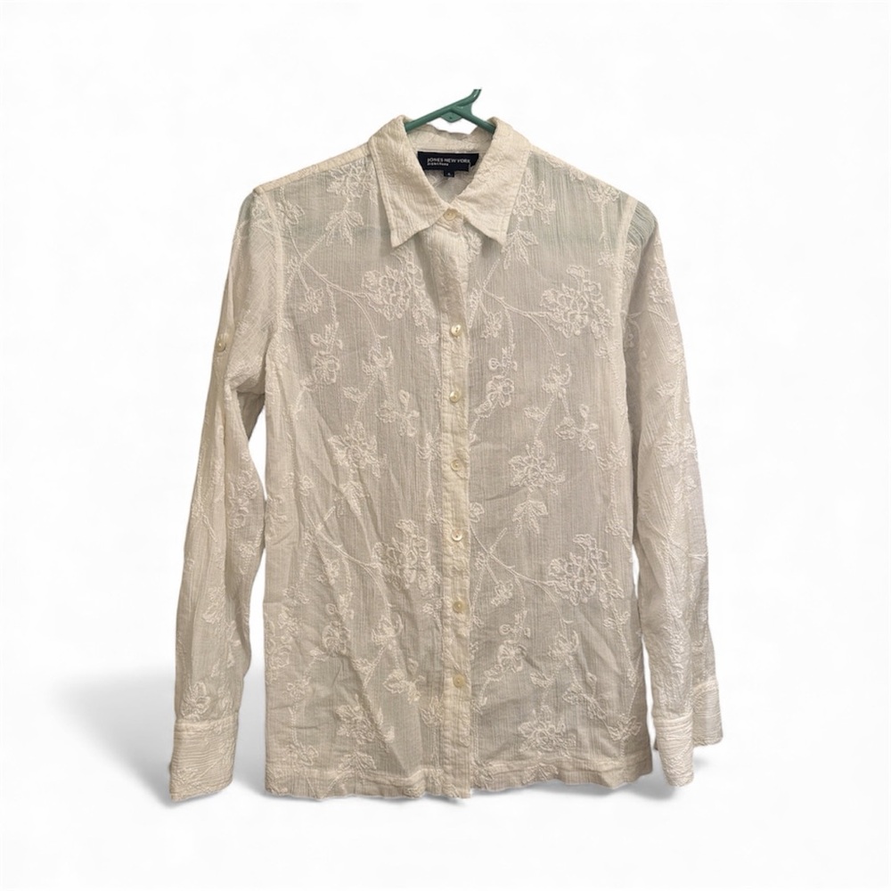 Jones New York Ivory White Lace Button-Up Blouse Sz S